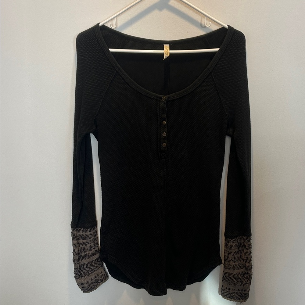 Free People Black Long Sleeve Top with Patterned Cuffs